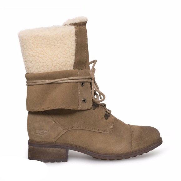 UGG AUS Gradin Lace Up Suede Wool Winter Boots Sheepskin Fur Outdoor Fold Over - Picture 2 of 16